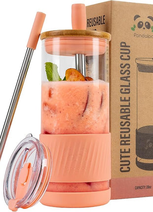 Pandaloo® Glass Cups With Lids and Straws -20 Fl Oz- Perfect Size Iced Coffee Cup - Smoothie Cup With Bamboo Lid and On the go Lid (Peach Fuzz, 1 Count (Pack of 1)