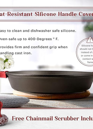 Cuisinel Cast Iron Skillet + Chainmail Scrubber Cleaner - 17"-Inch Dual Handle Braiser Frying Pan + Silicone Handle Covers - Pre-Seasoned Oven, Grill, BBQ, Stovetop, Fire Cookware - Indoor/Outdoor Use