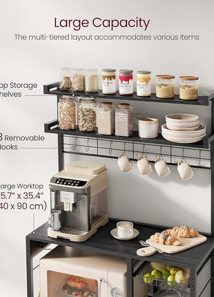 VASAGLE Bakers Rack with Power Outlet, 35.4 Inches Microwave Stand, Coffee Bar, 4 AC Outlets, with Adjustable Shelves, 8 S-Hooks, Basket, Spice Racks, Charcoal Gray and Ink Black UKKS031B22
