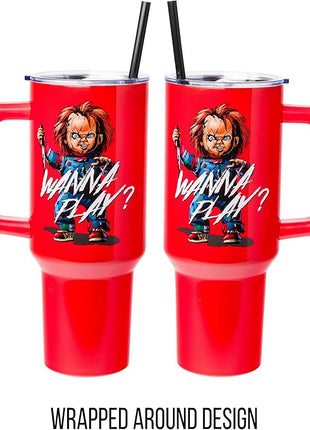 Silver Buffalo Chucky Wanna Play Stainless Steel Tumbler with Handle and Straw, Fits in Standard Cup Holder, 40 Ounces