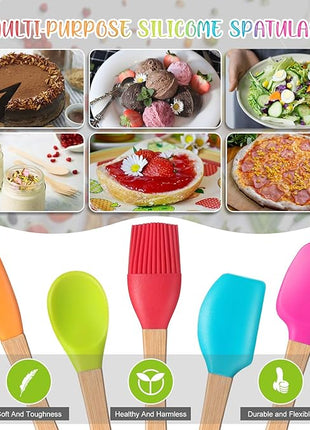 Wood Handled Mini Spatula Mini Silicone Baking Spatulas Set Silicone Brush with Wooden Handles, Spoon, Spatula for Kitchen Cooking Mixing (5)