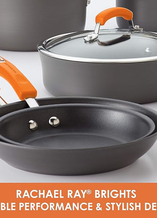 Rachael Ray Brights Hard-Anodized Aluminum Nonstick Cookware Set with Glass Lids, 10-Piece Pot and Pan Set, Gray with Orange Handles