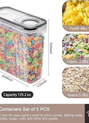PRAKI 5PCS Cereal Containers Storage Set, BPA Free Airtight Food Storage Container Set with Lids, Kitchen Pantry Organization and Storage for Sugar, Baking Supplies with 20 Labels & Mark(4L Black)