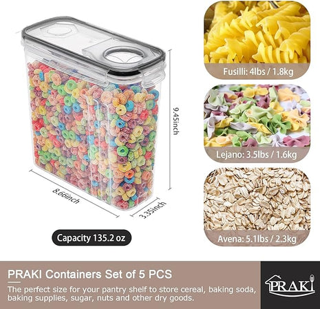 PRAKI 5PCS Cereal Containers Storage Set, BPA Free Airtight Food Storage Container Set with Lids, Kitchen Pantry Organization and Storage for Sugar, Baking Supplies with 20 Labels & Mark(4L Black)