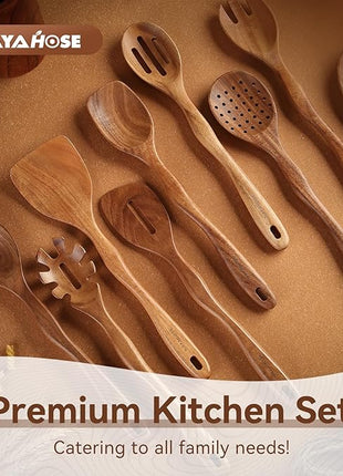 Wooden Spoons for Cooking with Holder,10Pcs Wooden Kitchen Utensil Set Non stick, Non Scratch Natural Teak Wooden Utensils for Cooking