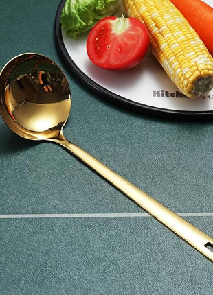 Gold Ladle, Berglander Stainless Steel Kitchen Ladle With Titainium Gold Plating, Soup Ladle, Cooking Ladle, Metal Soup Spoon For Cooking, Dishwasher Safe, Easy to Clean