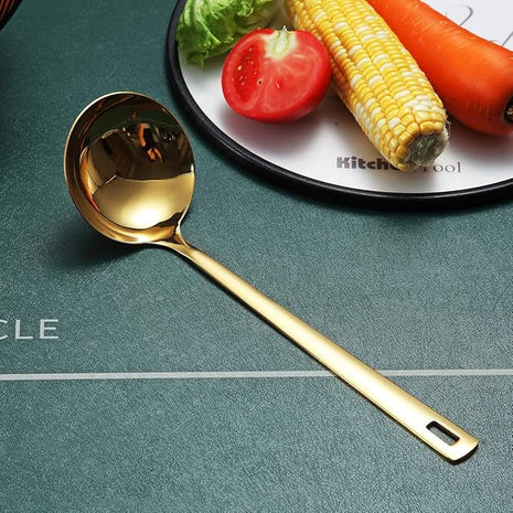 Gold Ladle, Berglander Stainless Steel Kitchen Ladle With Titainium Gold Plating, Soup Ladle, Cooking Ladle, Metal Soup Spoon For Cooking, Dishwasher Safe, Easy to Clean