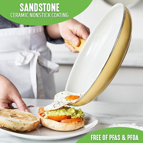 GreenLife Soft Grip Healthy Ceramic Nonstick 15 Piece Kitchen Cookware Pots and Frying Sauce Saute Pans Set, PFAS-Free with Kitchen Utensils and Lid, Dishwasher Safe, Yellow