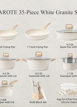 CAROTE ICE 35pcs Pots and Pans Set, Nonstick Cookware Sets, White Granite Induction Cookware with Kitchen Knife Set