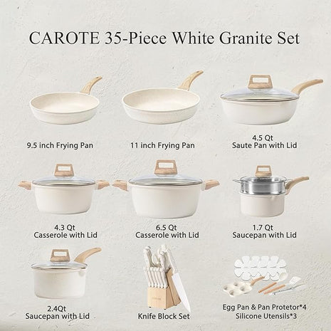 CAROTE ICE 35pcs Pots and Pans Set, Nonstick Cookware Sets, White Granite Induction Cookware with Kitchen Knife Set