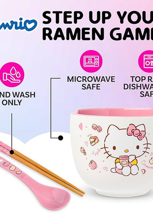 Silver Buffalo Sanrio Hello Kitty Apples and Cinnamon Ceramic Ramen Noodle Rice Bowl with Chopsticks and Spoon, Microwave Safe, 20 Ounces