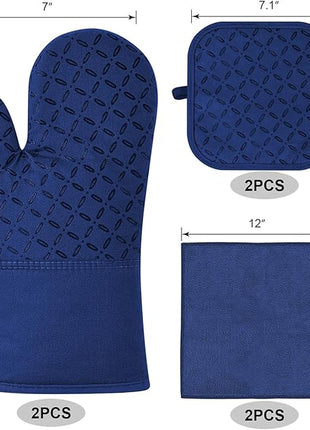 KEGOUU Oven Mitts and Pot Holders 6pcs Set, Kitchen Oven Glove High Heat Resistant 500 Degree Extra Long Oven Mitts and Potholder with Non-Slip Silicone Surface for Cooking(Marine Blue)