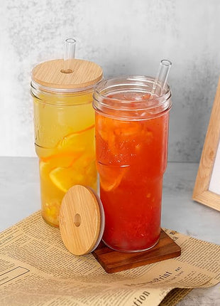 ANOTION Glass Cups with Lids and Straws 2 Packs, 24oz Travel Coffee Mug Wide Mouth Bamboo Mason Jar Iced Coffee Cup Smoothie Cup Glass Tumbler Tea Cup Clear Cute Water Cups Drinking Jars Glasses