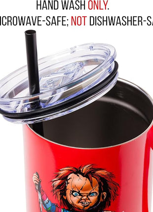 Silver Buffalo Chucky Wanna Play Stainless Steel Tumbler with Handle and Straw, Fits in Standard Cup Holder, 40 Ounces