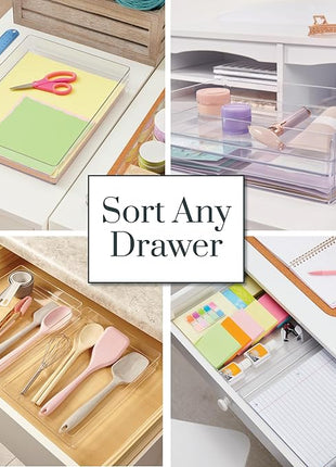 STORi SimpleSort 2-Piece Stackable Clear Drawer Organizer Set | 15" x 6" x 2" Rectangle Trays | Wide Makeup Vanity Storage Bins and Office Desk Drawer Dividers | Made in USA