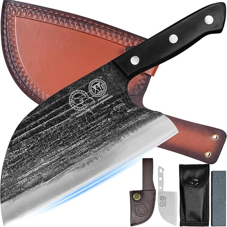 Full Tang, Serbian Chefs knife,Chef Meat Cleaver,Kitchen Knives,Set with Leather Sheath,Take Carrying,Butcher,for Camping or Outdoor (8 inch)