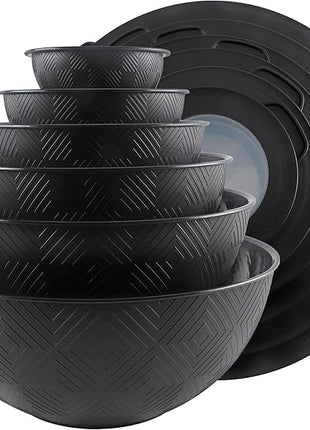 COOK WITH COLOR Mixing Bowls with Lids - 12 Piece Plastic Nesting Bowls Set includes 6 Prep Bowls and 6 Lids, Rhombus Design - Microwave Safe (Black)
