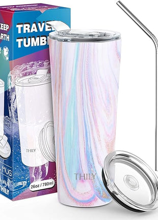 THILY Tumbler Stainless Steel Coffee Cup 26 oz Triple-Insulated Travel Mug with Splash-Proof Lid, for Ice Drinks and Hot Beverage Smoothies Cup, Pink Ripple
