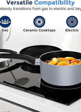 SereneLife Kitchenware Pots & Pans Basic Kitchen Cookware, Black Non-Stick Coating Inside, Heat Resistang Lacquer (11 Piece set), One Size, Gray