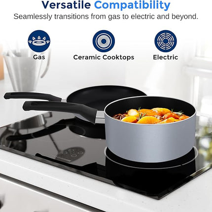 SereneLife Kitchenware Pots & Pans Basic Kitchen Cookware, Black Non-Stick Coating Inside, Heat Resistang Lacquer (11 Piece set), One Size, Gray