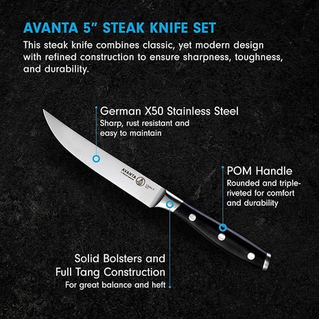 Messermeister Avanta 5” Fine Edge Steak Knife Set - Pack of 2 - German X50 Stainless Steel - Rust Resistant & Easy to Maintain - Includes 8 Total Steak Knives
