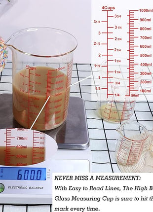 3 Piece Glass Measuring Cup Set, Includes 2-Cup, 4-Cup, and 8-Cup High Borosilicate Glasss Liquid Measuring Cups, Dishwasher, Freezer, Microwave, and Preheated Oven Safe, Essential Kitchen Tools