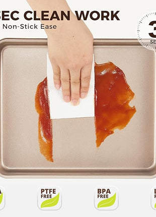 HONGBAKE 2 Pack 11 x 9 Inch Toaster Oven Pans and Trays, Small Baking Sheet Set for Cooking, Non-Stick Cookie Sheets, Heavy-Duty 0.8mm Thick, Easy to Clean, 1.26 Inch Deep, Gold