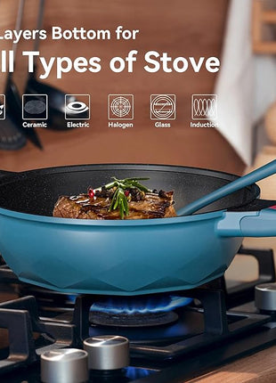 TIBORANG 8 in 1 Multipurpose 11 Inch 5 Quart Heat Indicator Nonstick Deep Frying Pan with Glass Lid,Steamed Grid,PFOA-Free,Dishwasher&Oven Safe,Works with All Stovetops (Dark Teal)