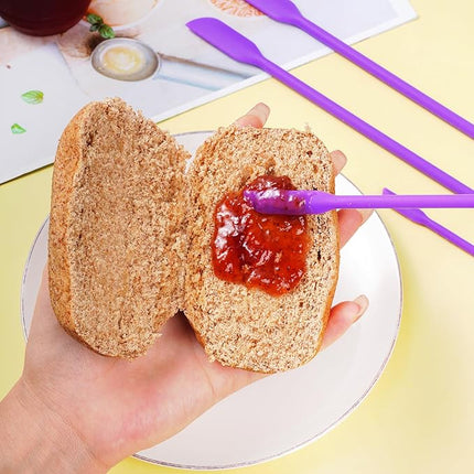 4pcs Mini Silicone Spatula Set, 3 Size Makeup Spatula Small Rubber Spatula for Thin Jar Skinny Openings Bottles, Tiny Scraper for Kitchen and Cosmetic, Multipurpose Scraping Mixing Tools (Purple)