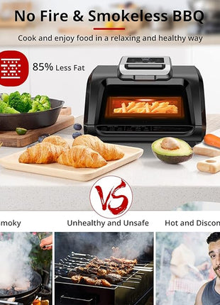 Electric Air Grill Fryer 7-in-1 Indoor Smokeless - 1750W Contact Grill with Non-Stick Removable Plates, Fast Even Heat, Flat Top Griddle See-Through Window Perfect for Healthy Grilling, 4Qt