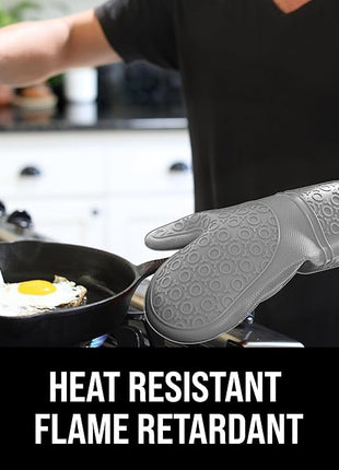 BPA-Free Soft Silicone Oven Mitts - Ultra Heat Resistant Oven Mitts with Thick Cotton Liner - Extra Long Slip Resistant Pot Holders, Flexible Oven Gloves - Gray 14.7"