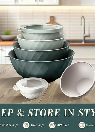 COOK WITH COLOR Mixing Bowls with Lids - 12 Piece Plastic Nesting Bowls Set includes 6 Prep Bowls and 6 Lids, Diamond Design - Microwave Safe, Green