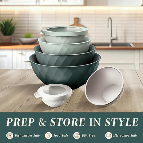COOK WITH COLOR Mixing Bowls with Lids - 12 Piece Plastic Nesting Bowls Set includes 6 Prep Bowls and 6 Lids, Diamond Design - Microwave Safe, Green