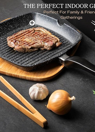 Moss & Stone Aluminum Nonstick Grill Pan for Stove Tops, Versatile Griddle Skillet with Pour Spouts, 11 Inch Square Grill Pan Big Cooking Surface, Durable Skillet For Indoor Cooking & Outdoor Grilling