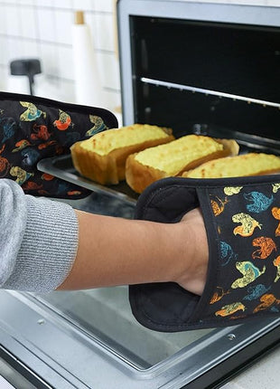Pot Holders Set of 2 Heat Resistant 480 ℉Non Slip Clear Silicone Printed Comfortable Cotton Lining Kitchen Women Men Cooking Baking Microwave Machine Washable (Rooster, Black Potholders)
