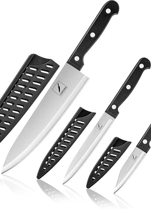 Kitchen Knife, 3-Pcs Knife Set With Sheath, 8 Inch Chef Knife, 4.5 Inch Utility Knife, 4 Inch Paring Chef Knife, Stainless Steel, Black