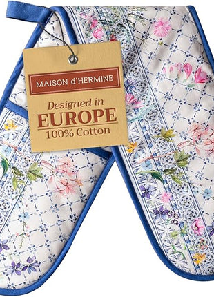 Maison d' Hermine Double Oven Mitts 100% Cotton 7"x35" Double Oven Mitt Heat Resistant BBQ Cooking Gloves with Loop, Baking, Grilling, Home, Kitchen, Handling Hot Pans Spring Summer (Faience)