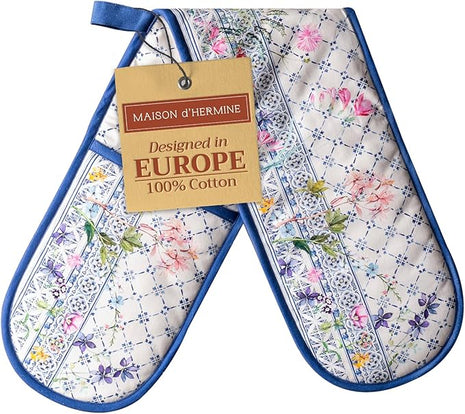 Maison d' Hermine Double Oven Mitts 100% Cotton 7"x35" Double Oven Mitt Heat Resistant BBQ Cooking Gloves with Loop, Baking, Grilling, Home, Kitchen, Handling Hot Pans Spring Summer (Faience)