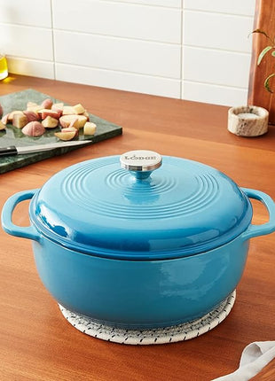 Lodge 6 Quart Enameled Cast Iron Dutch Oven with Lid – Dual Handles – Oven Safe up to 500° F or on Stovetop - Use to Marinate, Cook, Bake, Refrigerate and Serve – Cornflower Blue