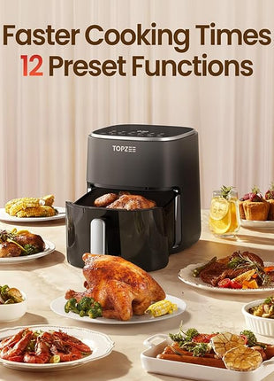 TOPZEE Air Fryer 12-in-1 with 5.5 QT Large Capacity, Compact Air Fryer, 100-400℉ Precise Heat, 360°Hot Air Circulation, 95% Less Oil, Bake, Dry, Reheat, Frozen, Broil, Proof, Black