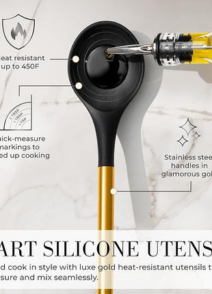 Styled Settings Black and Gold Kitchen Utensils Set – 15-Piece Cooking Set Includes Black Silicone Utensils, Gold Utensil Holder, and Magnetic Measuring Spoons – Stylish Kitchen Accessories