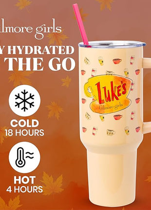 Silver Buffalo Gilmore Girls Luke's Diner Stainless Steel Tumbler with Handle and Straw, Fits in Standard Cup Holder, 40 Ounces