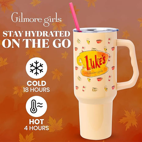 Silver Buffalo Gilmore Girls Luke's Diner Stainless Steel Tumbler with Handle and Straw, Fits in Standard Cup Holder, 40 Ounces