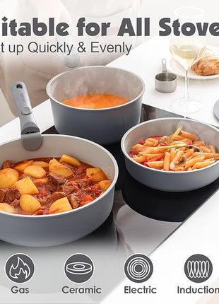 SENSARTE 17 Piece Ceramic Pots and Pans Set, Nonstick Detachable Handle Cookware, Induction Kitchen Cookware Set with Removable Handle, Dishwasher ＆ Oven Safe (Gray)