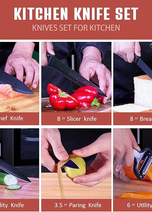 RAXCO Knife Set with Block,10-Piece Kitchen Knives Stainless Steel,Pro-sharpened for Cooking,Slicing,Mincing,Dicing,Black