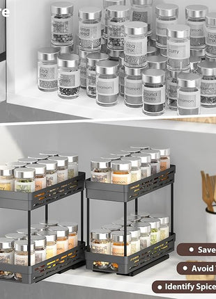 Pull Out Spice Rack Organizer for Cabinet, 3 Packs Slide Out Spice Racks Organizer, Spice Cabinet Organizers, Cabinet Size Need:12'' Highx11'' Deepx5'' Wide,Each Tier Hold 10 Spice Jar - 2 Tier, Black