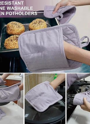 Pot Holders Yarn-Dyed Set of 3 Non Slip Silicone Kitchen Lines Heat Resistant 500℉ Kitchen Gloves BBQ Cooking Baking Cooking Barbecue Microwave Machine Washable (Purple Pot Holders)