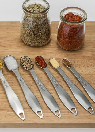 Accurate 18/8 Stainless Steel Measuring Spoons, Heavy Duty Good Handle Set of 6 Measuring Spoon with Ring Connector, Silver