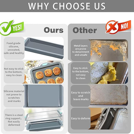 To encounter 8 in 1 Silicone Baking Set - 6 Cake Molds - 2 Silicone Baking Mat, Nonstick Cookie Sheet, Cake Muffin Bread Pan with Grips and Metal Reinforced Frame More Strength, Light Grey