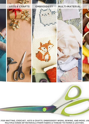 BambooMN Titanium Softgrip Scissors Set for Sewing, Arts, Crafts, Office - 10 sets of 3 - White w/Green Inlays